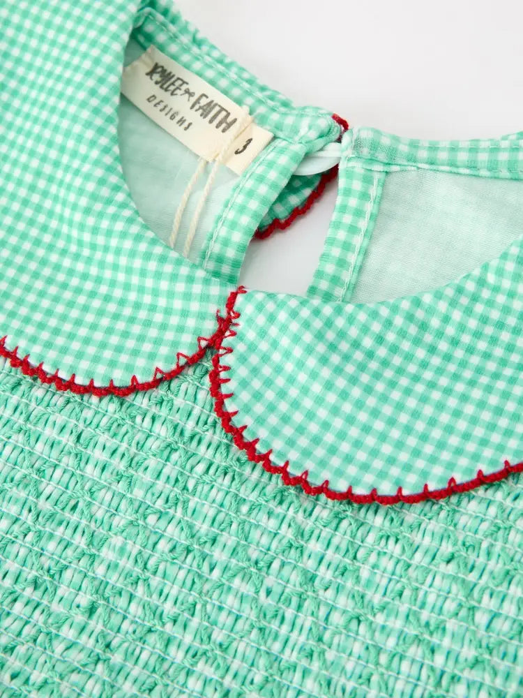 Christmas Girls Green Plaid Smocked Bow Peter Pan Collar Dress - Dress