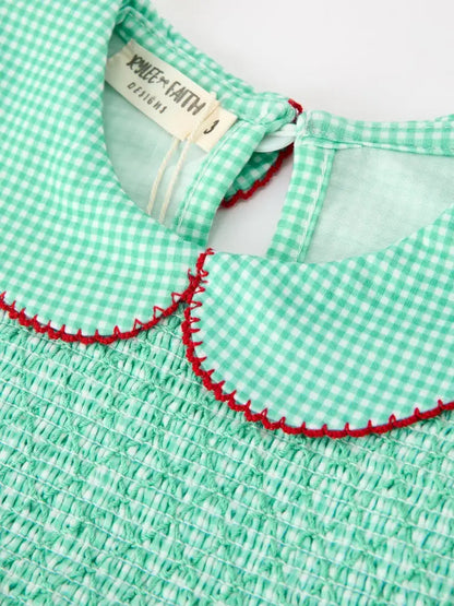 Christmas Girls Green Plaid Smocked Bow Peter Pan Collar Dress - Dress