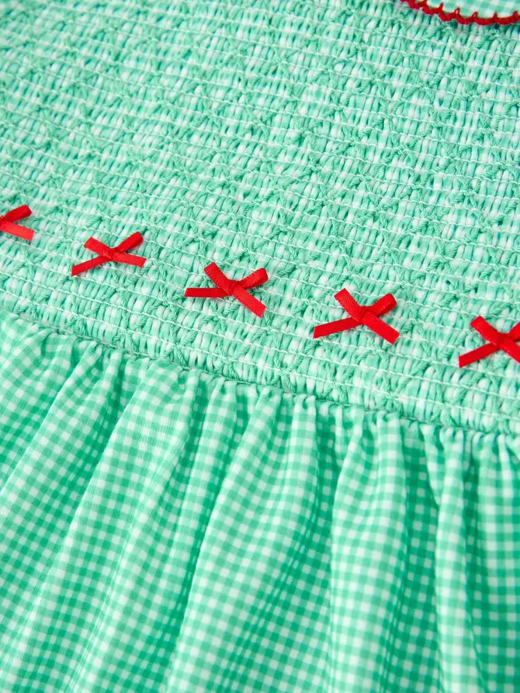 Christmas Girls Green Plaid Smocked Bow Peter Pan Collar Dress - Dress
