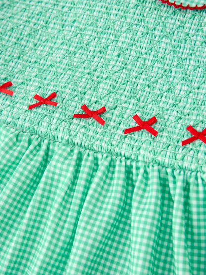 Christmas Girls Green Plaid Smocked Bow Peter Pan Collar Dress - Dress