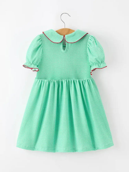 Christmas Girls Green Plaid Smocked Bow Peter Pan Collar Dress - Dress