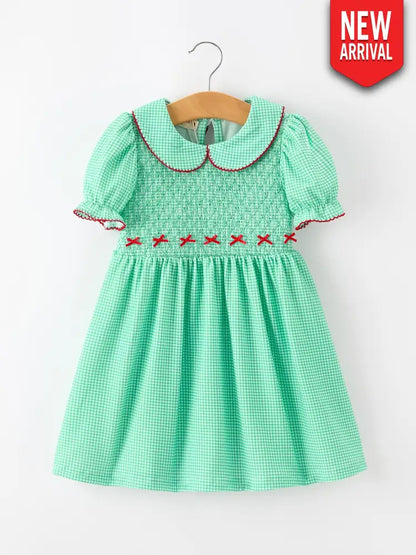 Christmas Girls Green Plaid Smocked Bow Peter Pan Collar Dress - Dress