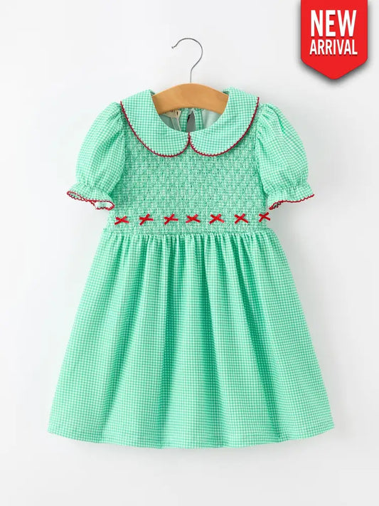 Christmas Girls Green Plaid Smocked Bow Peter Pan Collar Dress - Dress
