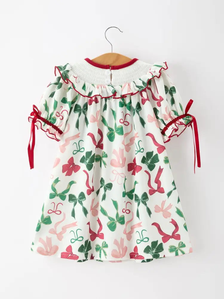 Christmas Girls Holly Jolly Bow Smocked Ruffle Dress - Dress