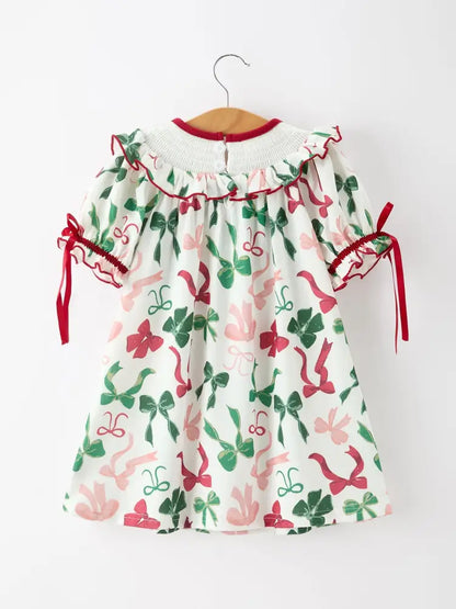 Christmas Girls Holly Jolly Bow Smocked Ruffle Dress - Dress