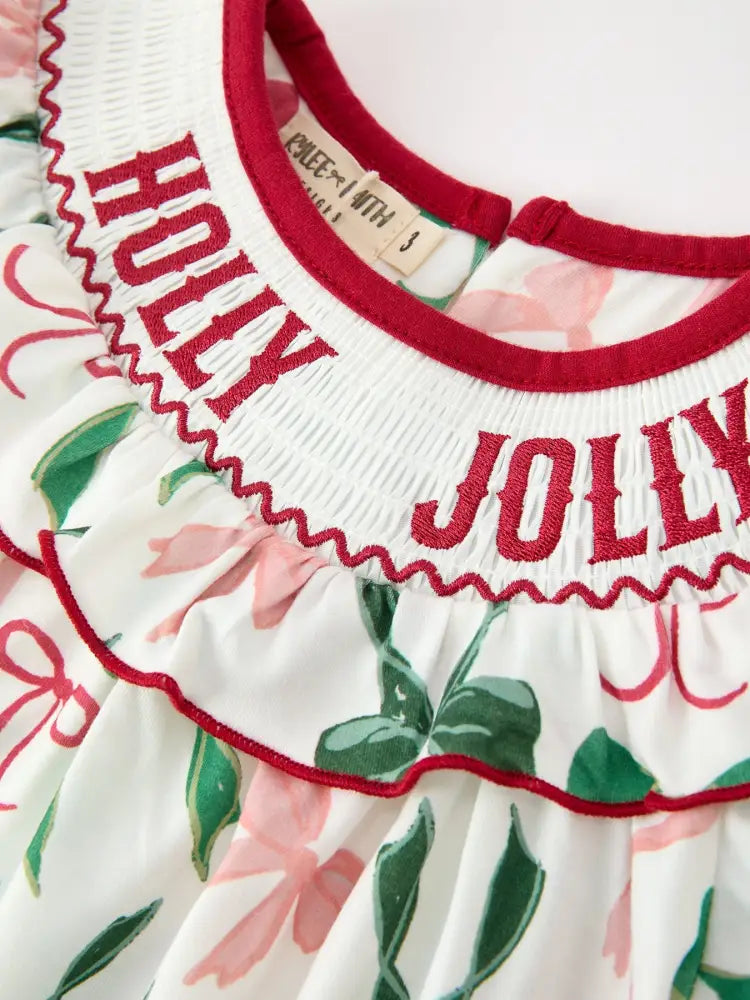 Christmas Girls Holly Jolly Bow Smocked Ruffle Dress - Dress