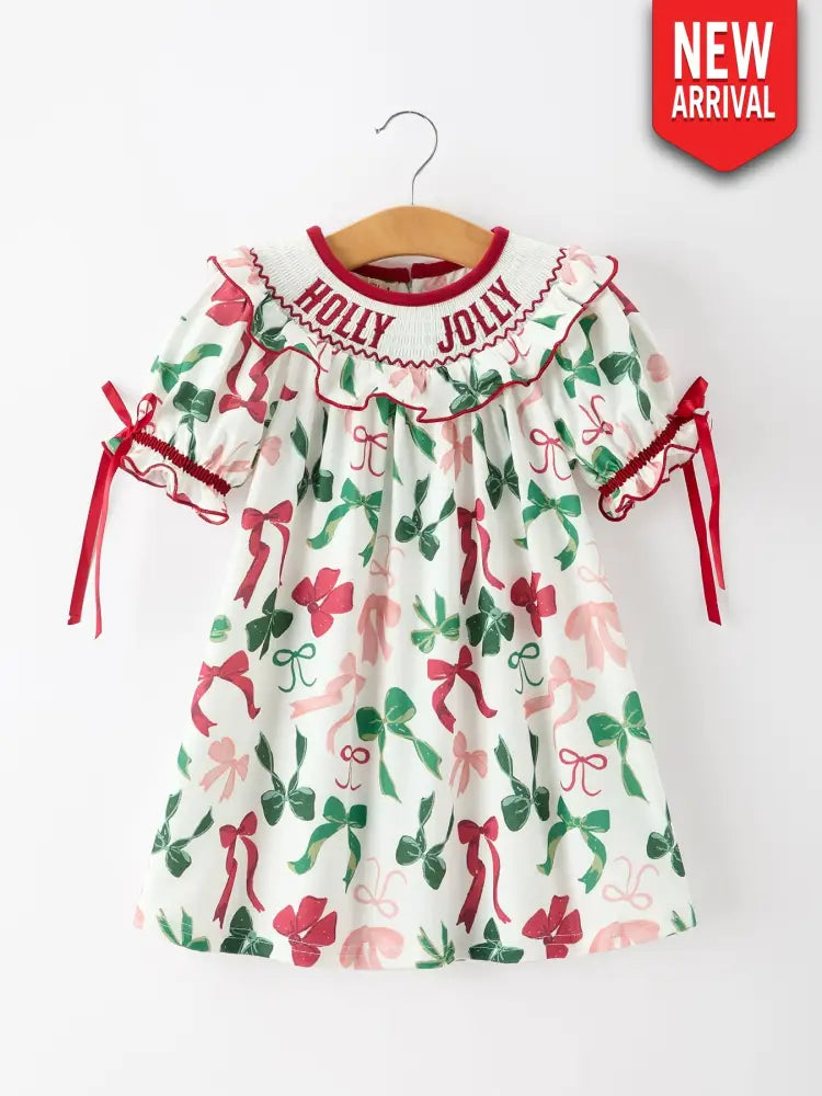 Christmas Girls Holly Jolly Bow Smocked Ruffle Dress - Dress