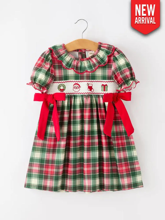 Christmas Girls Plaid Smocked Ruffle Collar Bow Dress - Dress