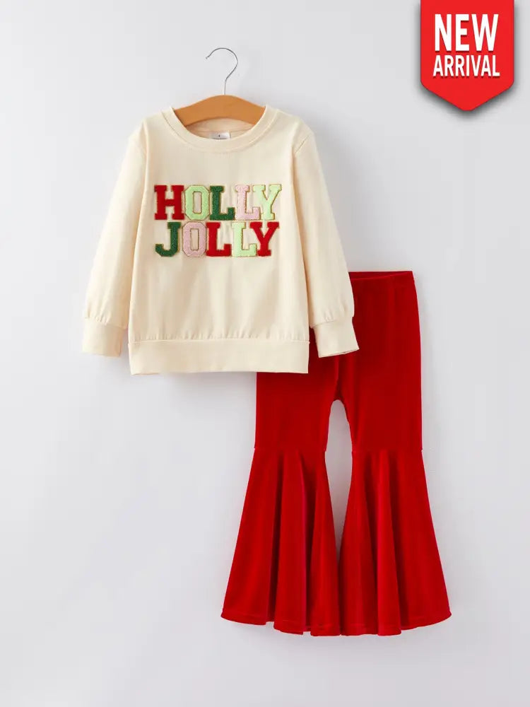 Christmas Letter Applique Top + Flared Pants Outfit Set - Outfit