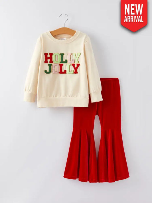 Christmas Letter Applique Top + Flared Pants Outfit Set - Outfit