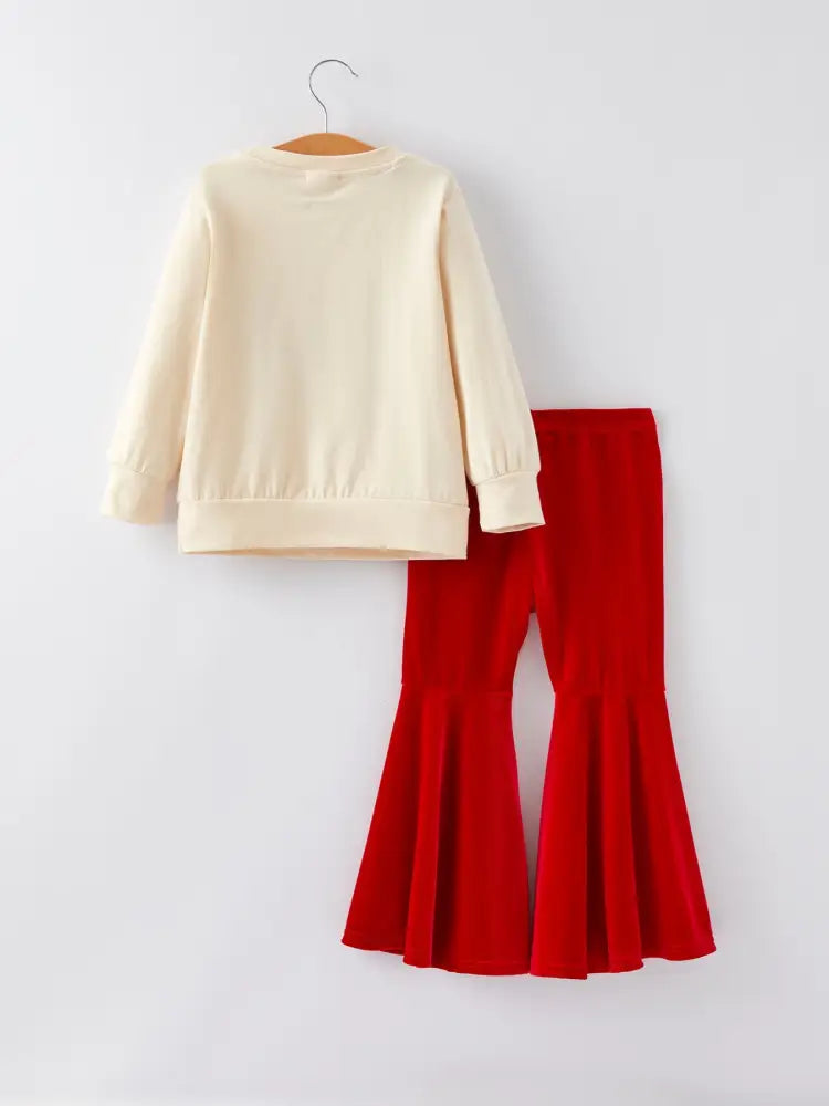 Christmas Letter Applique Top + Flared Pants Outfit Set - Outfit