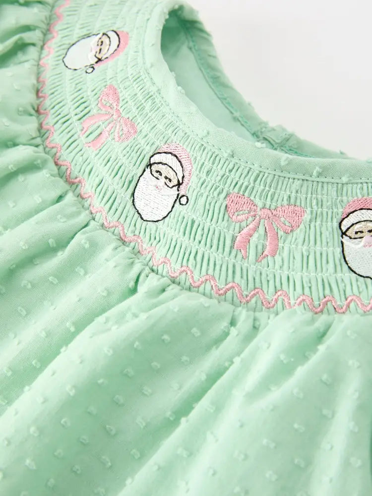Christmas Mint Green Smocked Santa Baby Girl Bloomer Set - Romper