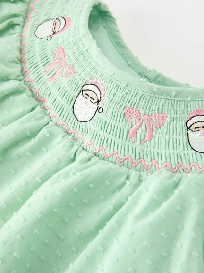 Christmas Mint Green Smocked Santa Baby Girl Bloomer Set - Romper