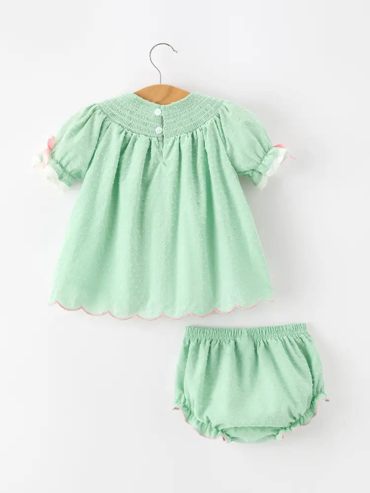 Christmas Mint Green Smocked Santa Baby Girl Bloomer Set - Romper