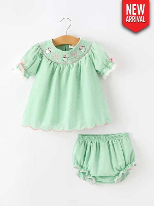 Christmas Mint Green Smocked Santa Baby Girl Bloomer Set - Romper