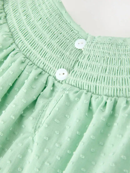 Christmas Mint Green Smocked Santa Girls Puff Sleeve Dress - Dress