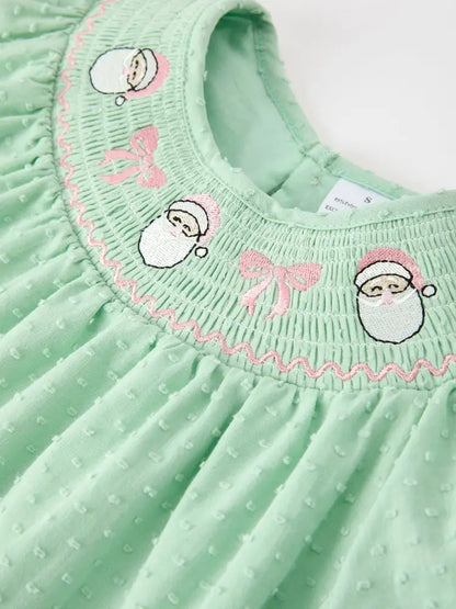 Christmas Mint Green Smocked Santa Girls Puff Sleeve Dress - Dress