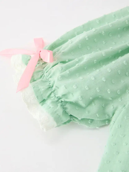 Christmas Mint Green Smocked Santa Girls Puff Sleeve Dress - Dress