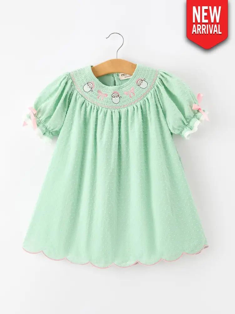Christmas Mint Green Smocked Santa Girls Puff Sleeve Dress - Dress