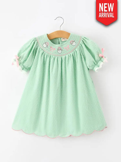 Christmas Mint Green Smocked Santa Girls Puff Sleeve Dress - Dress