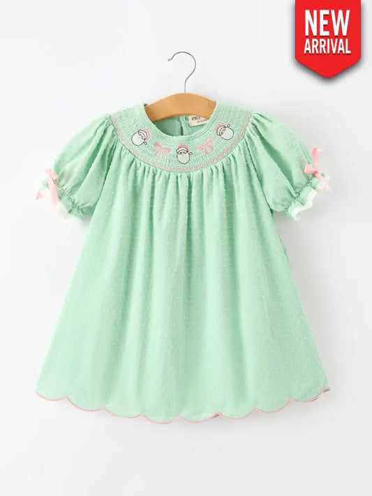 Christmas Mint Green Smocked Santa Girls Puff Sleeve Dress - Dress