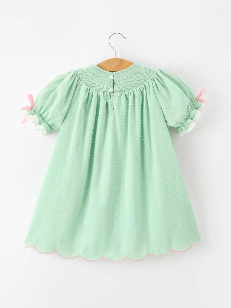 Christmas Mint Green Smocked Santa Girls Puff Sleeve Dress - Dress