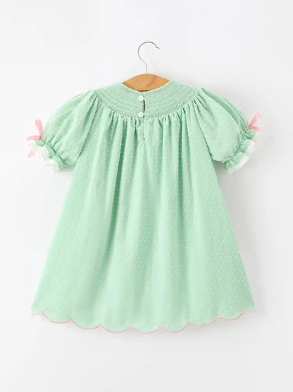 Christmas Mint Green Smocked Santa Girls Puff Sleeve Dress - Dress