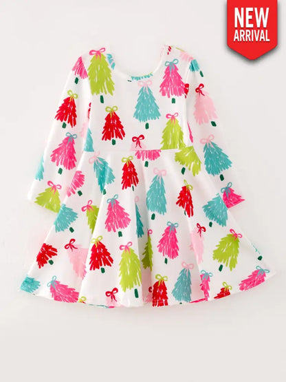 Christmas Tree Print Long Sleeve Dress - Dress