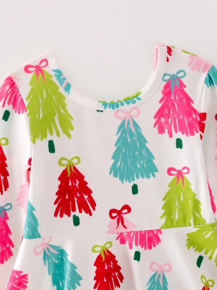 Christmas Tree Print Long Sleeve Dress - Dress