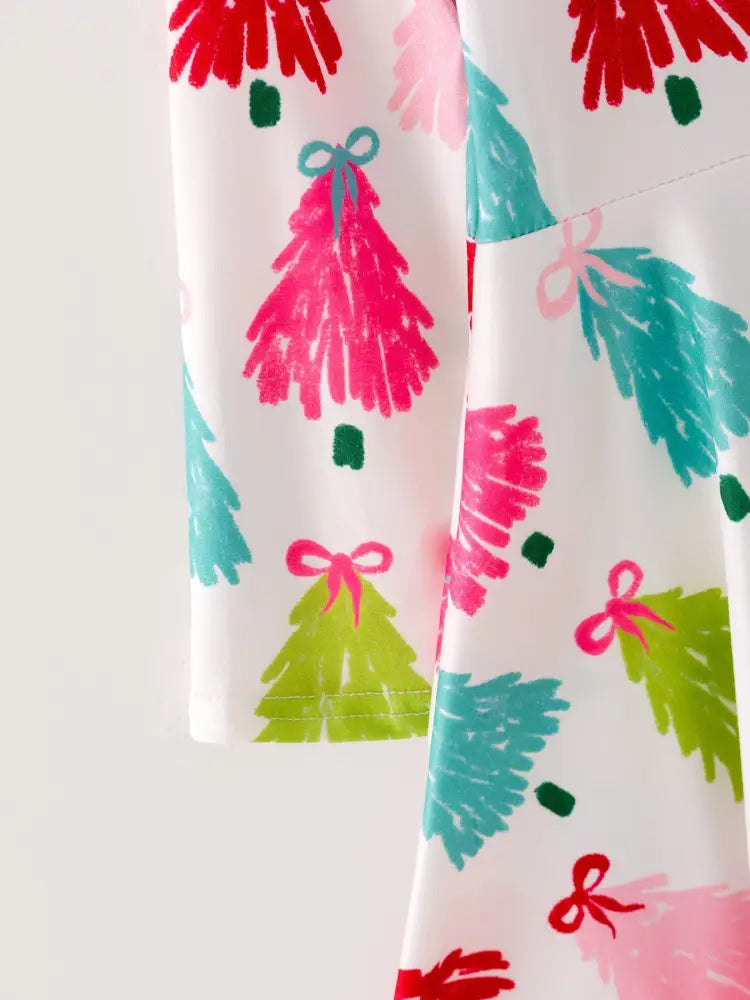 Christmas Tree Print Long Sleeve Dress - Dress