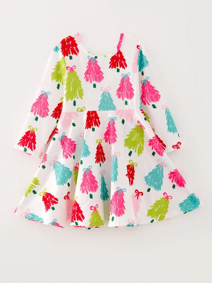 Christmas Tree Print Long Sleeve Dress - Dress