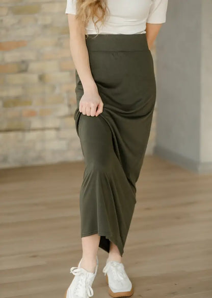 Clarise Olive Premium Knit Maxi Skirt - IC Skirts