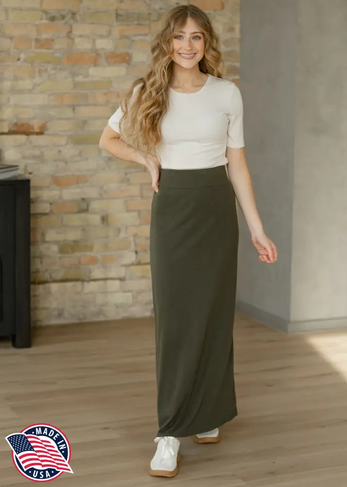 Clarise Olive Premium Knit Maxi Skirt - IC Skirts