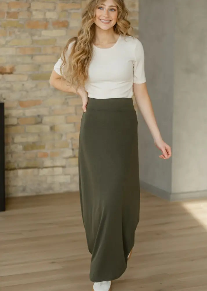Clarise Olive Premium Knit Maxi Skirt - IC Skirts