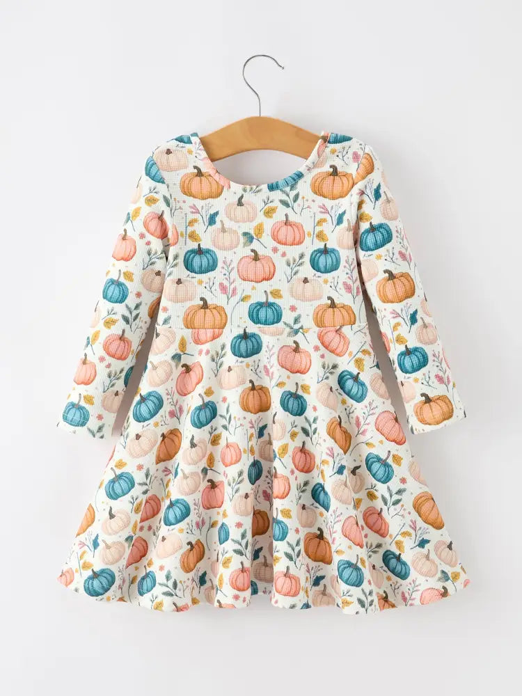 Fall Colorful Pumpkin Girls’ Long-Sleeved Dress - Dress