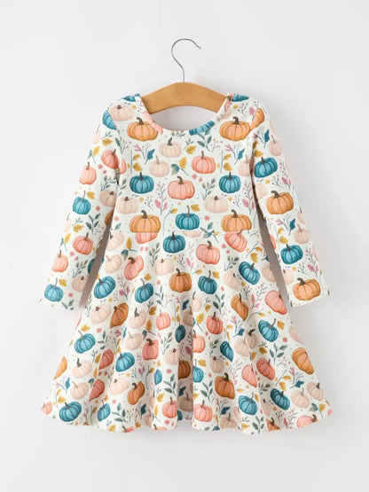 Fall Colorful Pumpkin Girls’ Long-Sleeved Dress - Dress