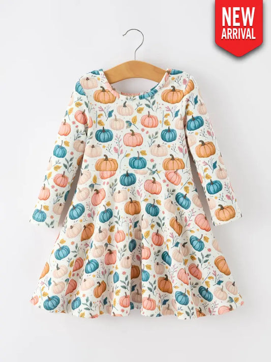 Fall Colorful Pumpkin Girls’ Long-Sleeved Dress - Dress