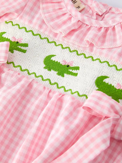 Baby Girls Summer Crocodile Embroidered Smocked Romper - Romper