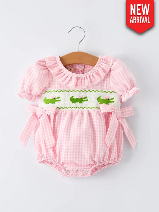Baby Girls Summer Crocodile Embroidered Smocked Romper - Romper