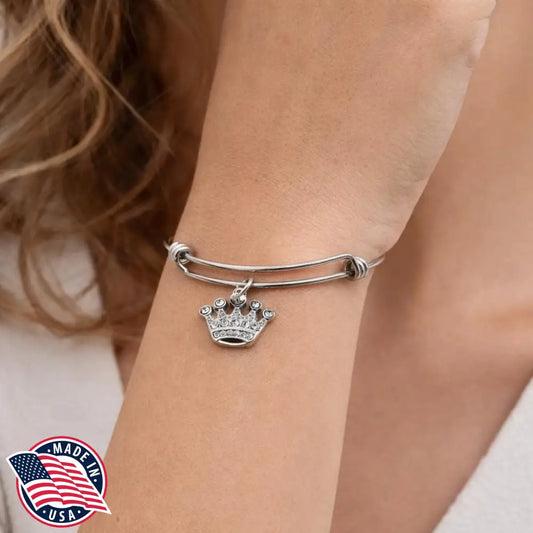 Rhinestone Crown Charm Bracelet Stainless Steel Expanding Bangle Princess Gift - Bracelets