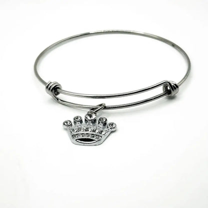 Rhinestone Crown Charm Bracelet Stainless Steel Expanding Bangle Princess Gift - Bracelets