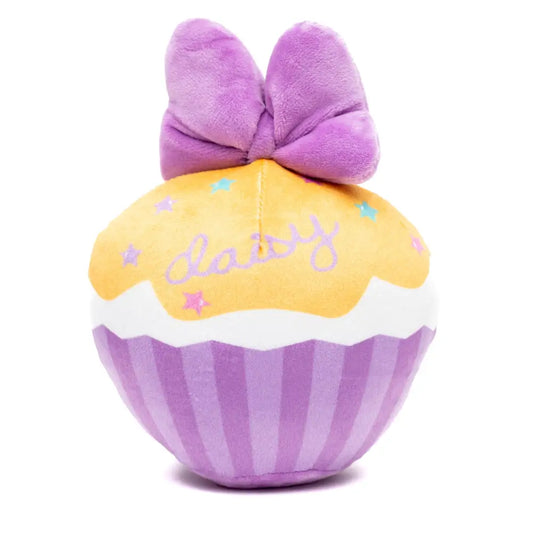 Dog Toy Squeaker Plush - Daisy Duck Script Cupcake with Pink Bow Dog Toy Squeaky Plush