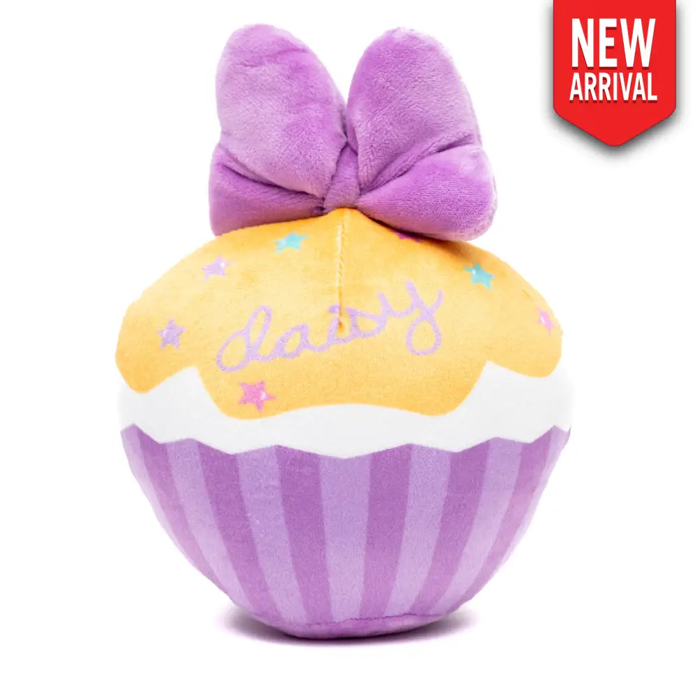 Dog Toy Squeaker Plush - Daisy Duck Script Cupcake with Pink Bow Dog Toy Squeaky Plush