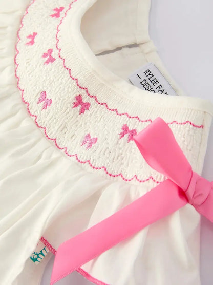 Fall White Girls Dress with Pink Bow Embroidery Dress