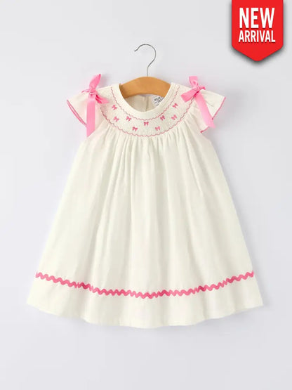 Fall White Girls Dress with Pink Bow Embroidery Dress