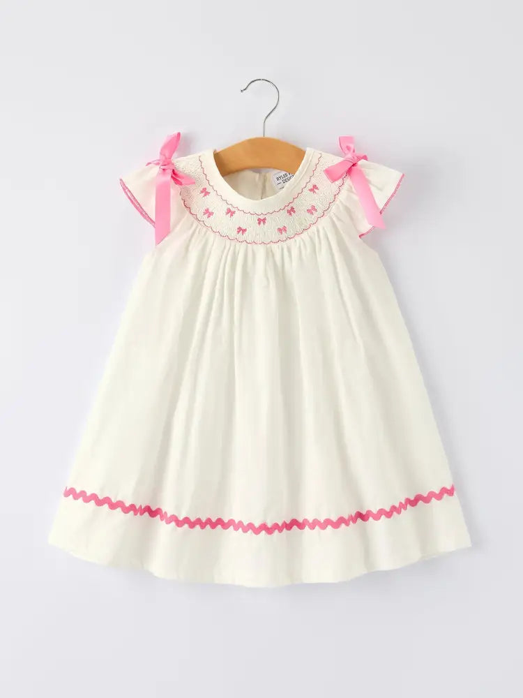 Fall White Girls Dress with Pink Bow Embroidery Dress