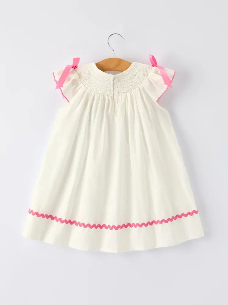Fall White Girls Dress with Pink Bow Embroidery Dress