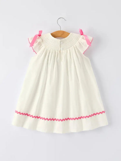Fall White Girls Dress with Pink Bow Embroidery Dress
