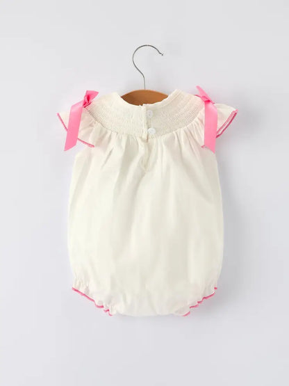 Fall White Baby Girls Romper with Pink Bow Embroidery Romper