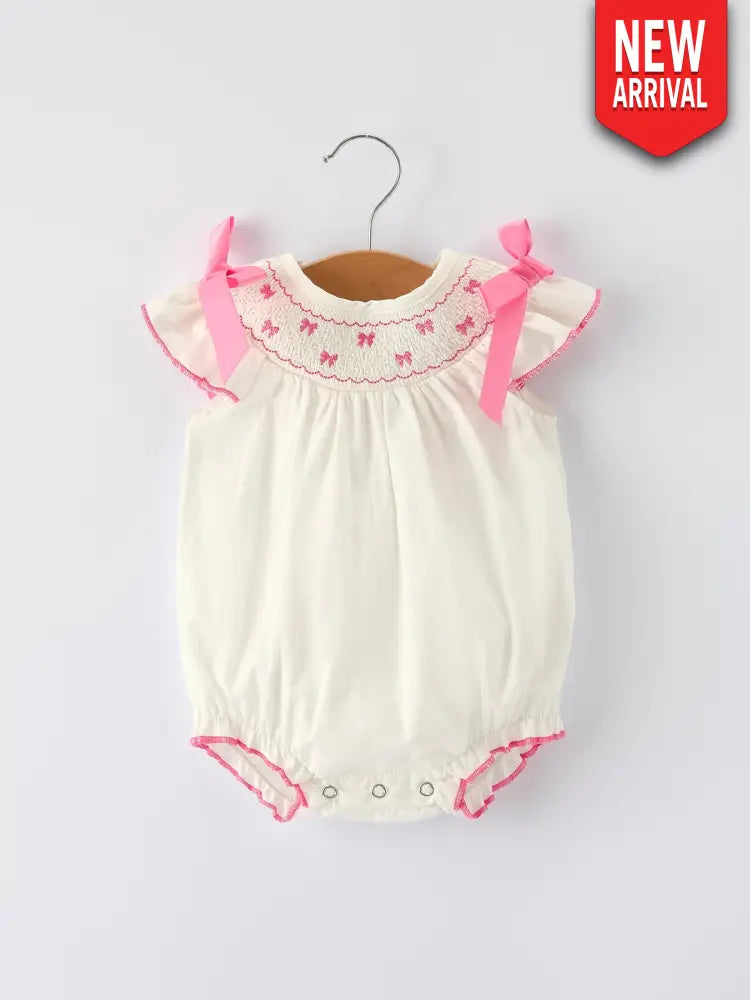 Fall White Baby Girls Romper with Pink Bow Embroidery Romper